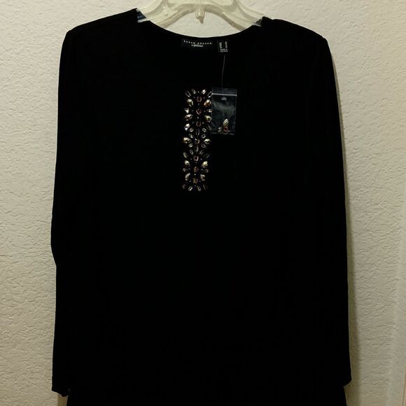 NWOT Susan Graver Artisan Liquid Knit Black Top Overlay Jewel Embellished Small - Picture 2 of 13